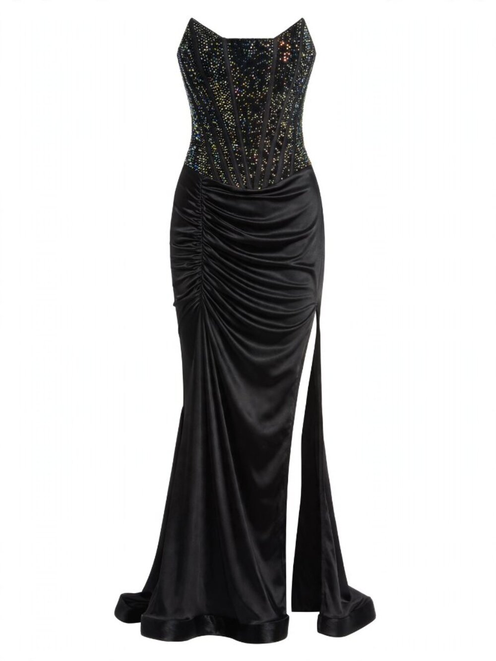 Rachel Allan Black Strapless Beaded Corset Gown High Slit 8 NWT